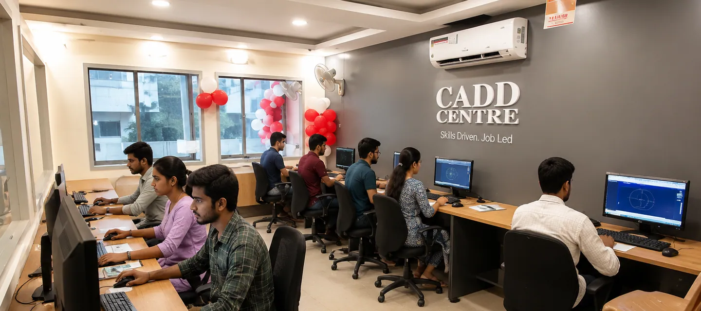 Students at CADD Centre workstations in a training lab with the Skills Driven. Job Led. wall mark.