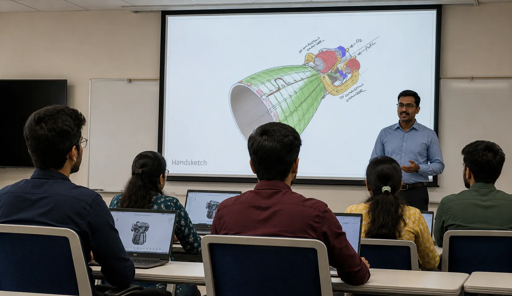 Instructor presenting a CAD engineering model to students in a classroom